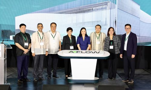 L-R: FLOW CCO Andrew Oon, A-FLOW President Sanjay Goel, Chief of Staff to the Governor of Laguna Jerry Pelayo, ALLHC Chairman Anna Ma. Margarita Dy, DTI Secretary Ma. Cristina Roque, Biñan City Mayor Angelo Alonte, BOI Director Mary Ann Raganit, ALLHC President and CEO Robert Lao at the launch ceremony.