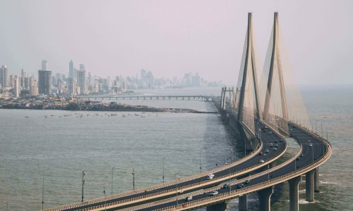 High angle shot of Bandra Worli sealink in Mumbai enveloped with fog